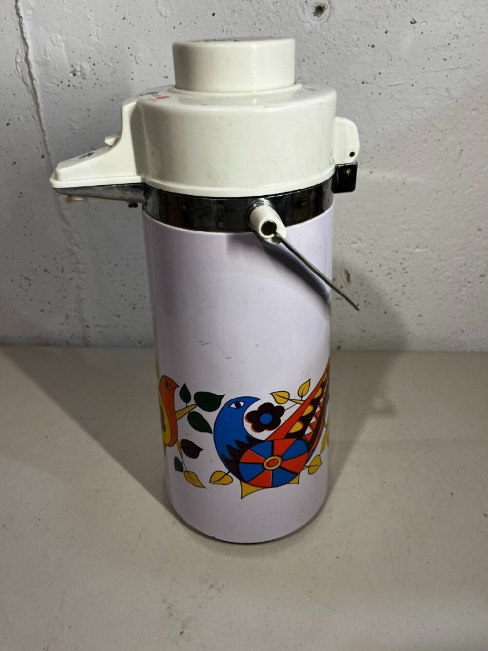 Vintage Air Pot Vacuum Thermos Pump Drink Dispenser MCM Colorful Partridge Birds